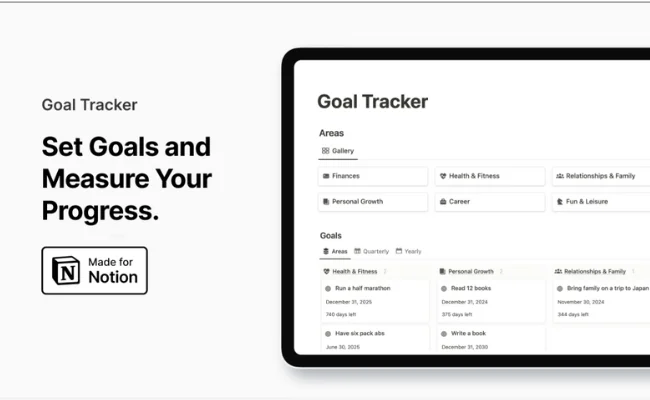 Easlo’s Notion Goal Tracker Template – minimalist free goal tracker dashboard in Notion